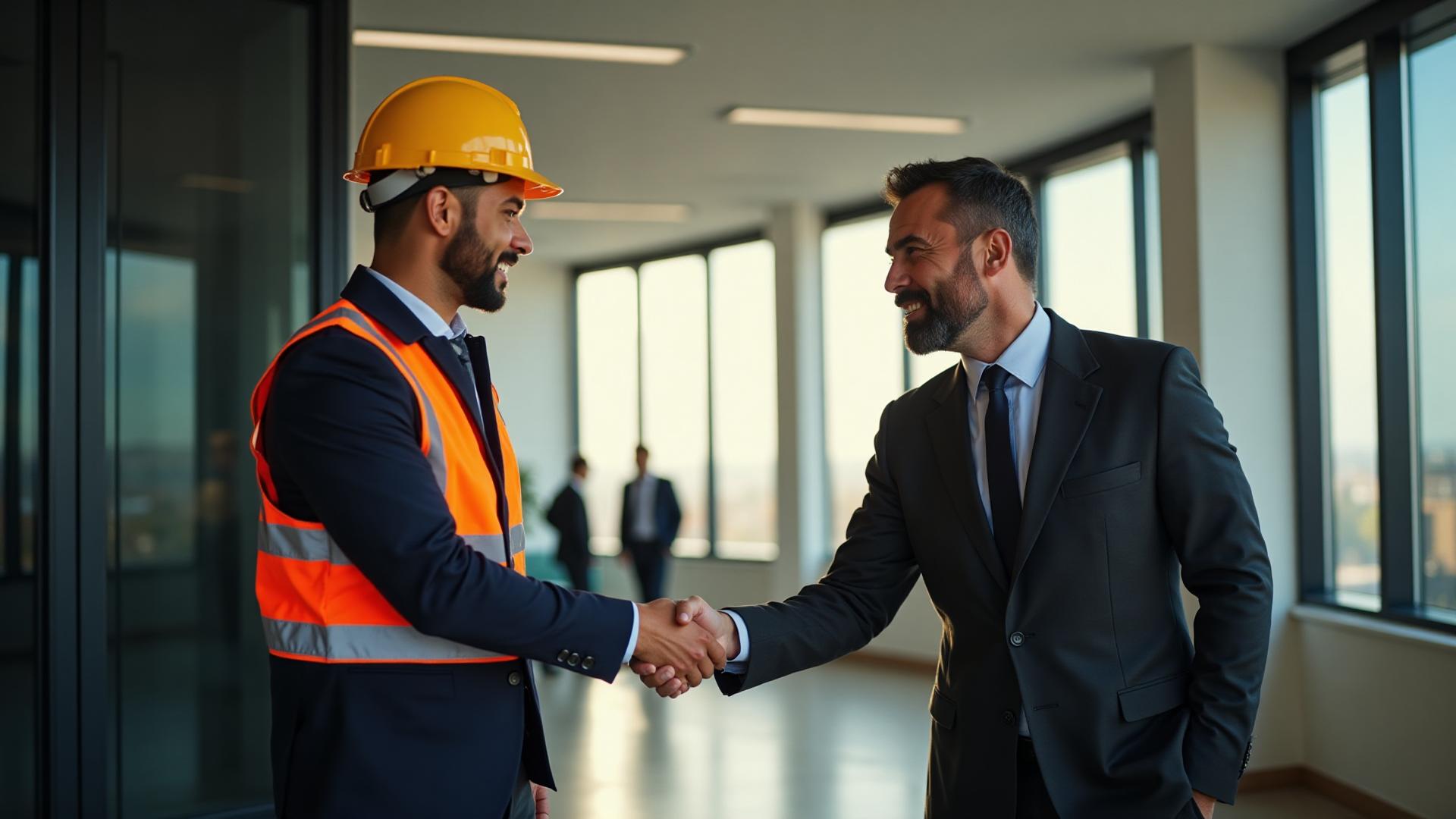 Construction professional and business executive shaking hands